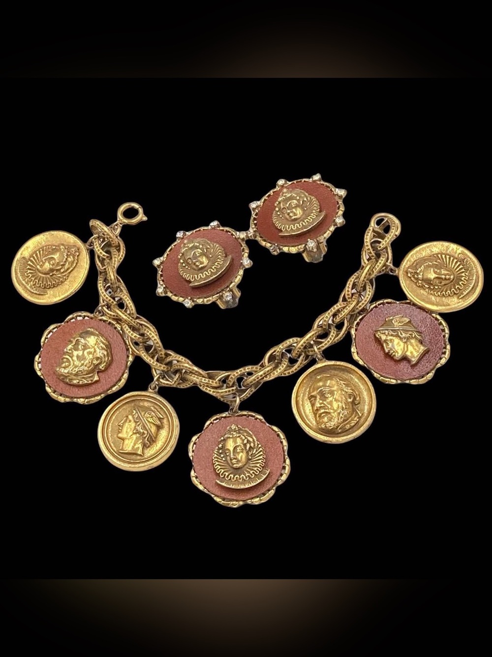 Vintage Signed ART Elizabethan Charm Bracelet Earring Set